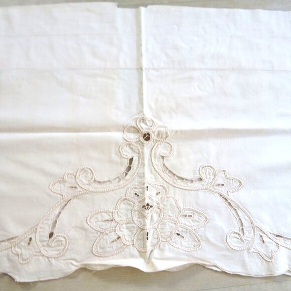 Vintage 90s Battenburg Lace Embroidered Curtain Valance 20" x 60" Beige Cotton - Picture 7 of 14